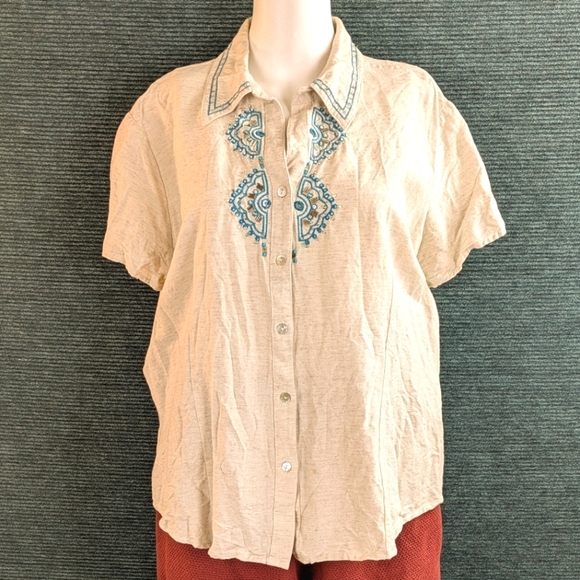 Vintage Lemon Grass Studio Embroidered Button Down Shirt. Cotton/Rayon/Linen - Picture 2 of 13